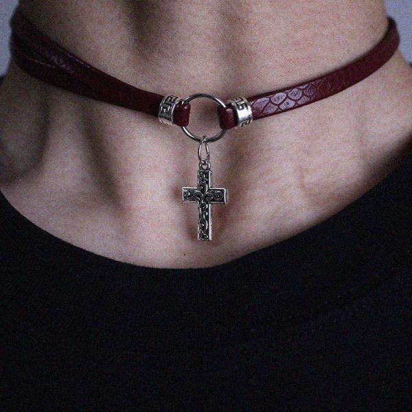 Dark Red Cross Leather Choker