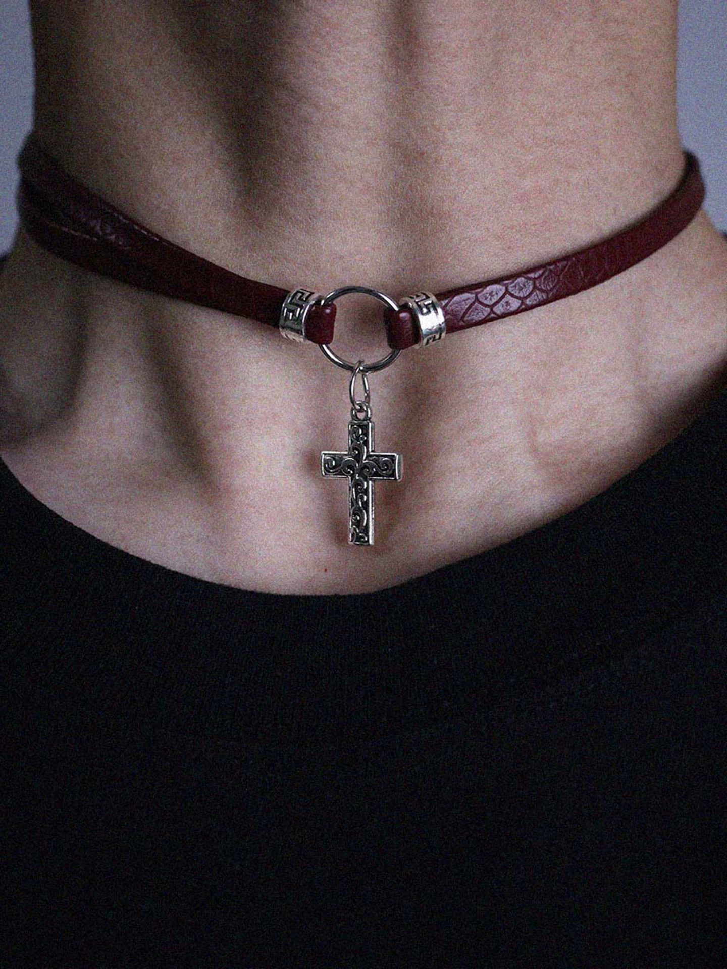 Dark Red Cross Leather Choker