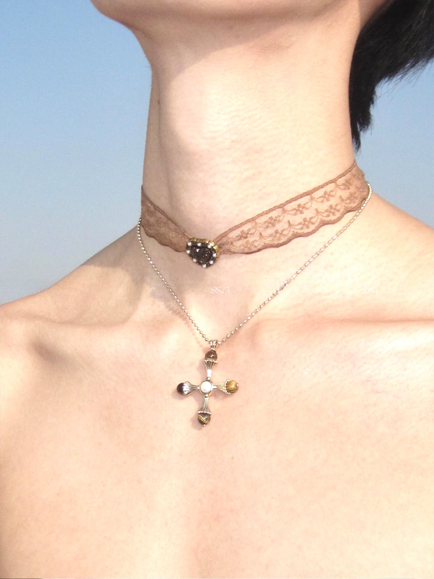 Embroidered Night Heart Cross Pendant Necklace